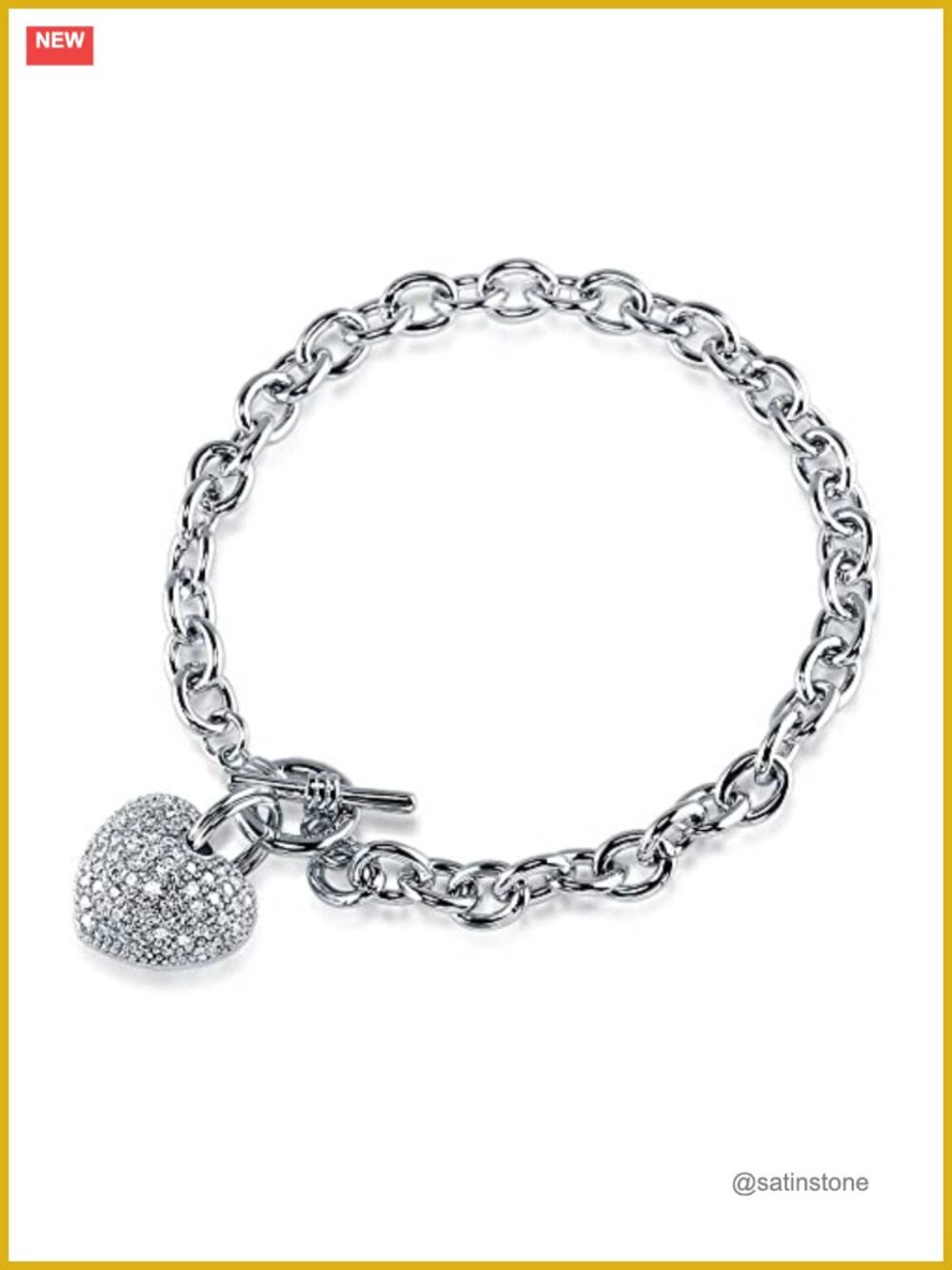 Silver Tone Heart Charm Bracelet Cubic Zirconia Toggle Clasp 7 Inch